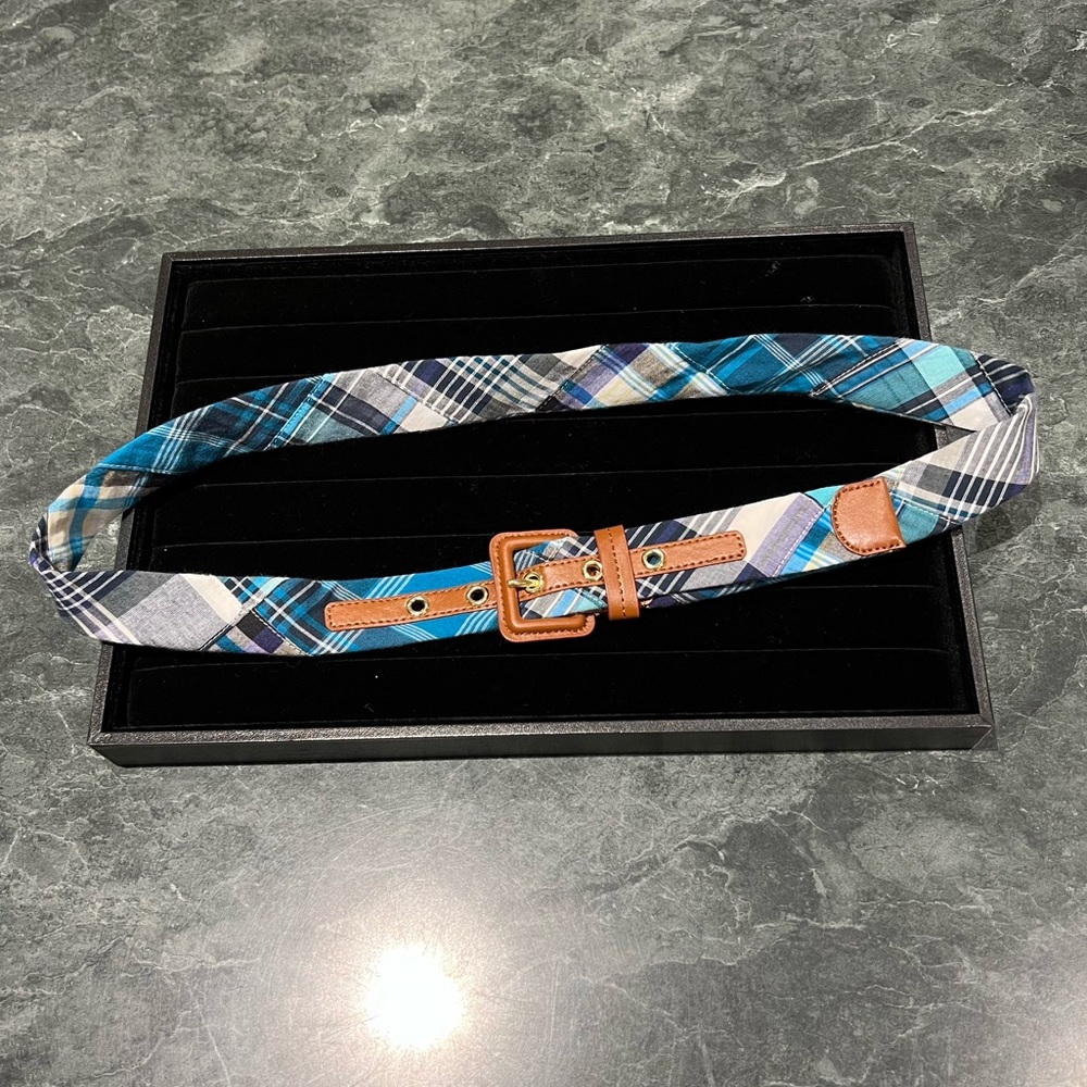 Talbots Blue Plaid Belt Size Medium 100% Cotton NWT